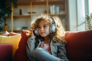 En flicka som lyssnar på en ljudbok i soffan i vardagsrummet